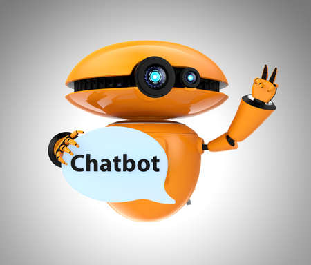 Orange robot holding chat bubble with Chatbot text. 3D rendering image
