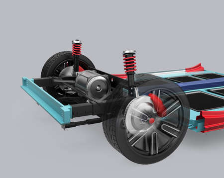 Car suspension and underframe isolated on gray background. 3D rendering image.