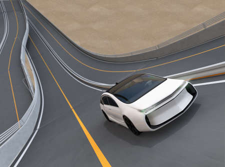 White electric car driving on loop bridge. 3D rendering image.の写真素材