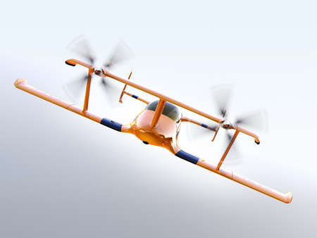 Front view of yellow autonomous flying drone taxi flying in the sky. 3D rendering image.