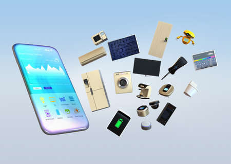 Smart appliances pop up from smart phone. Concept for home automation. 3D rendering image.