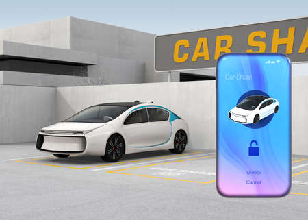 Smart phone with car sharing app in front of the white car. Concept for car sharing. 3D rendering image.の写真素材
