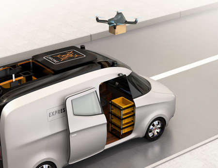 Drone taking off from van for delivering cardboard parcel. 3D rendering image.