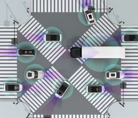 Top view of the crossroad. Concept for advantage autonomous technology. 3D rendering image.の写真素材