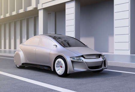 Silver autonomous car on the road. 3D rendering image.