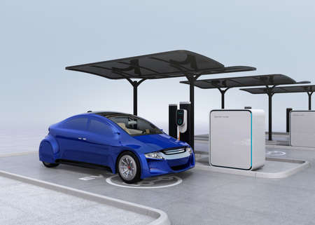 Blue electric car in EV charging station. 3D rendering image.