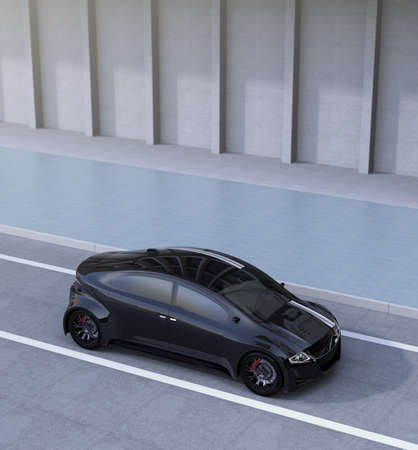 Black sports sedan on the street with copy space. 3D rendering image.