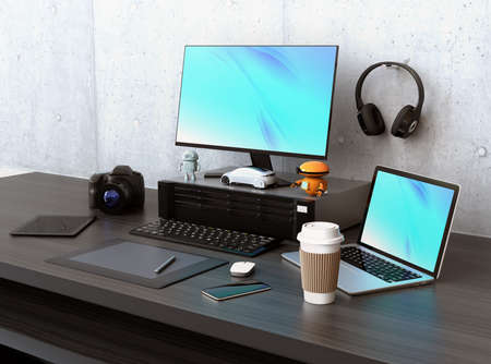 Graphic designer desktop with DSLR camera,laptop PC and bezel-less monitor. 3D rendering image.の写真素材