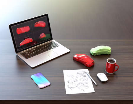 Laptop computer, smart phone, sketch and color samples. Product design process concept. 3D rendering...
