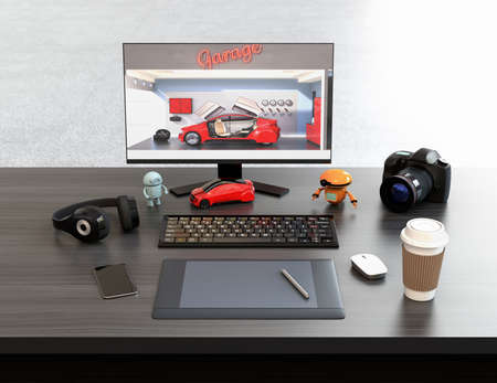 Graphic designer desktop with digital graphic tablet, DSLR camera, wireless headphone and keyboard. 3D rendering image.の写真素材