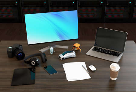 VFX editing desktop with rendering servers at the background. 3D rendering image.の写真素材