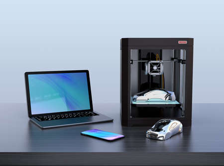 3D printer, laptop PC, 3D metal print sample model and smartphone on the desk. 3D rendering image.