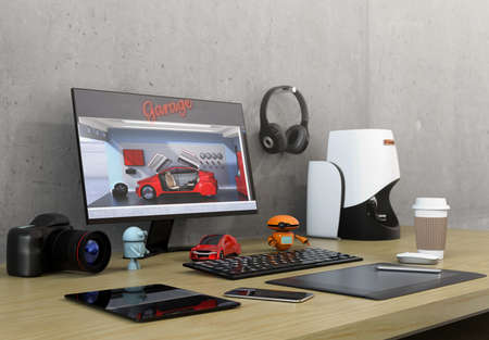 Product designer desktop with 3D scanner, digital graphic tablet, DSLR camera and bezel-less...