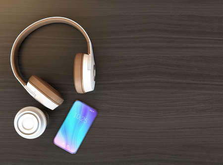 Wireless headphone and smart phone on dark wooden table. Copy space available. 3D rendering image.の写真素材