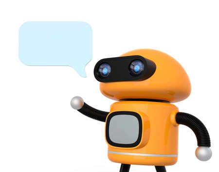 Cute orange robot with text bubble isolated on white background. 3D rendering image.の写真素材