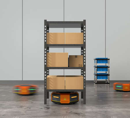Orange robots carrying pallets with goods in modern warehouse.  Modern delivery center concept. 3D...