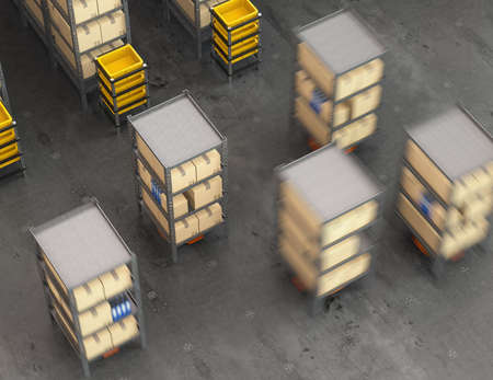 Orange robots carrying pallets with goods in modern warehouse.  Modern delivery center concept. 3D...