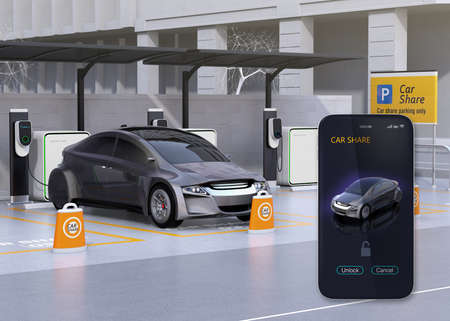 Car share parking lot and smartphone app for sharing. Using the car share app to unlock the car. 3D...