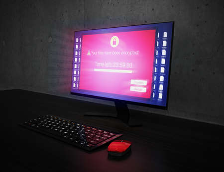Desktop monitor showing alert that the computer was attacked by ransomware. 3D rendering image.の写真素材