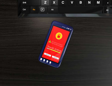 Screen of smartphone showing alert that the phone has locked by ransomware. 3D rendering image.