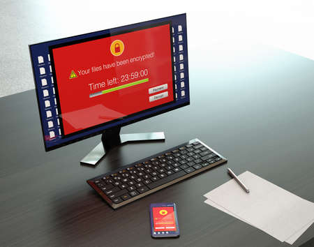 Screen of desktop PC and smartphone showing alert that the devices were attacked by ransomware. 3D...