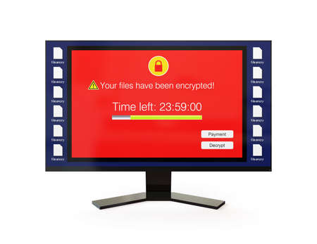 Desktop monitor showing alert that the computer was attacked by ransomware. 3D rendering image.