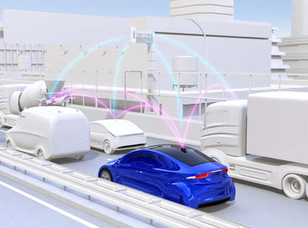 Cars sharing traffic information by connected car function. 3D rendering image.
