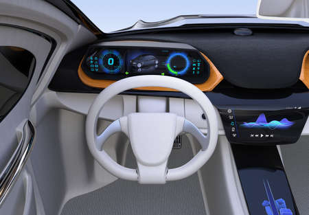 Electric car's dashboard concept. Digital speedometer on wooden tray. 3D rendering image. Original...