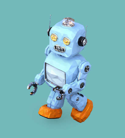 Low poly walking retro robot isolated on blue background. 3D rendering image.の写真素材