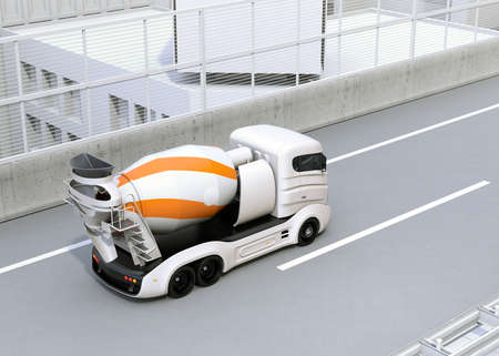 Concrete mixer electric truck driving on the highway. 3D rendering image.の写真素材
