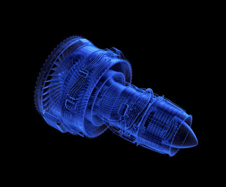 X-ray style turbofan jet engine isolated on black background. 3D rendering image.の写真素材
