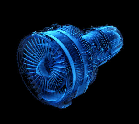 X-ray style turbofan jet engine isolated on black background. 3D rendering image.