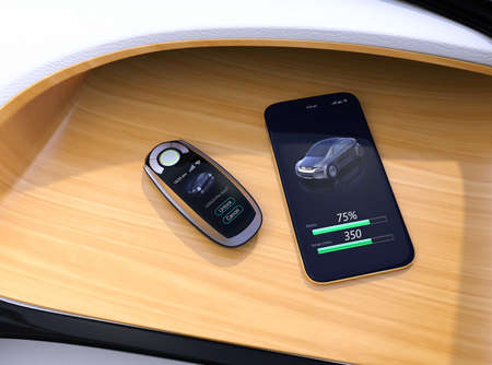 Smart car key and smart phone on electric car's dashboard. 3D rendering image.