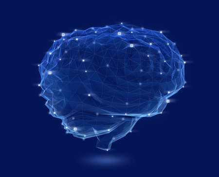 Low poly brain model with wireframe isolated on dark blue background. Concept for artificial intelligence. 3D rendering image.の写真素材