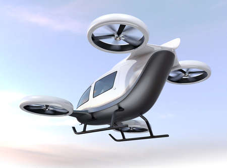 White self-driving passenger drone flying in the sky. 3D rendering image.の写真素材