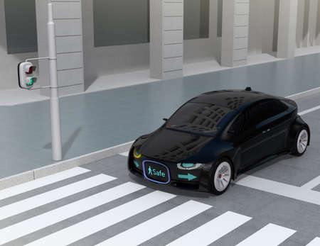Black self-driving car's front grille showing digital signage for pedestrian. Concept for...