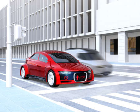 Self-driving car's front grille showing digital signage for pedestrian. Concept for communication...