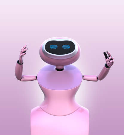 Front view of humanoid robot isolated on pink background. 3D rendering image.の写真素材