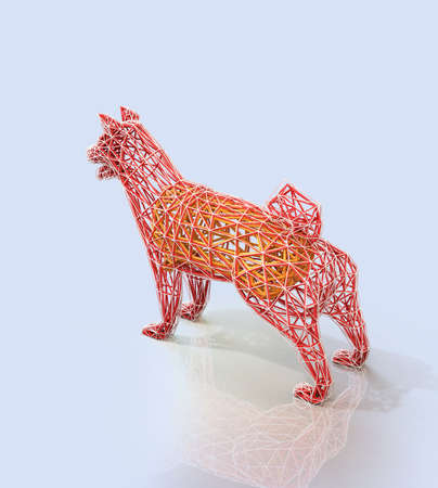 Rear view of red dog's wire frame shape in low polygon style. 3D rendering image.