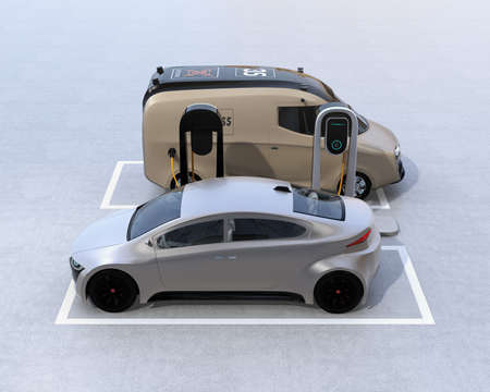 Electric delivery minivan and silver sedan charging at charging station. 3D rendering image.