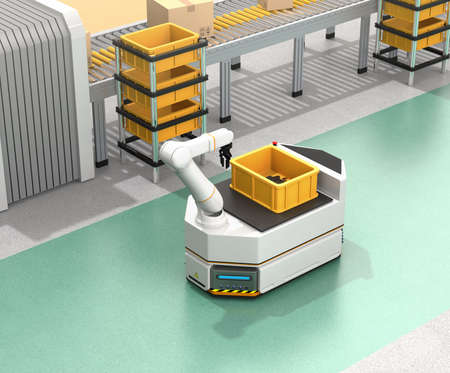 Self driving AGV (Automatic guided vehicle)  with robotic arm moving beside conveyor. 3D rendering...