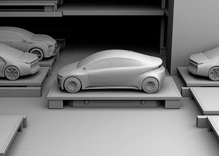 Clay rendering of automated guided vehicle carrying a car to parking space. Concept for automatic car parking system. 3D rendering image.の写真素材