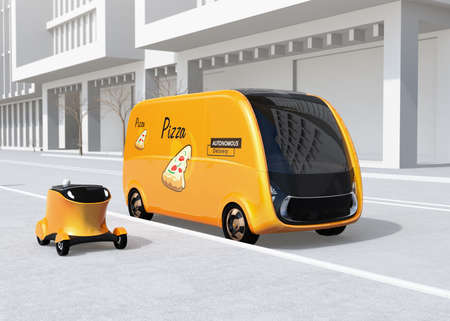 Self-driving pizza delivery van and drone in the street. Last one mile concept. 3D rendering image.の写真素材