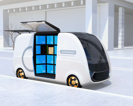 Self-driving delivery van's side door opened. User can pick up their parcels from the locker.  Automatic delivery system concept. 3D rendering image.の写真素材