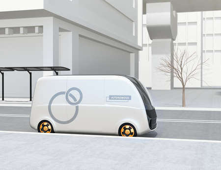 Side view of self-driving delivery van stopping in the street. 3D rendering image.の写真素材
