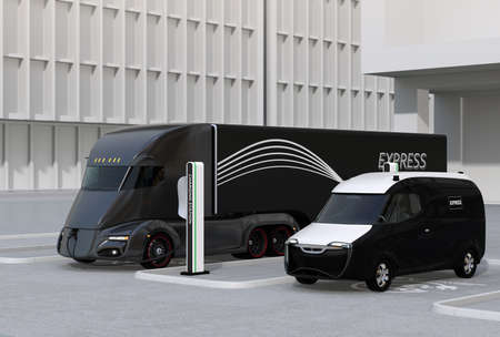 Electric truck and van charging at charging station. 3D rendering image.の写真素材