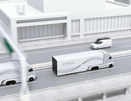 A fleet of self-driving electric semi trucks driving on highway. 3D rendering image.