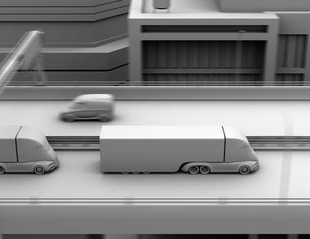 Clay model rendering of self-driving electric semi truck driving on highway. 3D rendering image.の写真素材