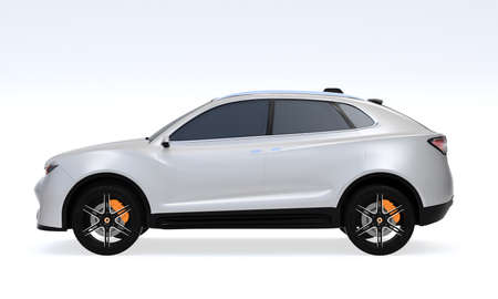 Side view of white Electric SUV concept car isolated on light gray background. 3D rendering image.の写真素材