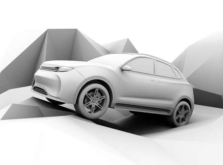 Clay model rendering electric SUV on geometric ground. 3D rendering image.の写真素材